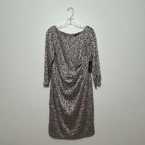 Jessica Howard Taupe & Silver Lace 3/4 Sleeve Sheath Dress Womens Size 14P New